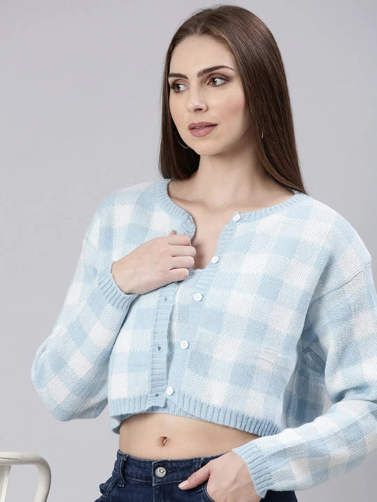 Women Blue Checked Cardigan-CHN-37922-Blue