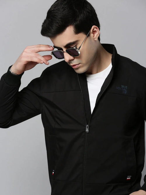 Men Black Solid Bomber Jacket-STCW-J-5-Black