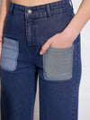 Women Blue Washed Contrast Patch Pocket Straight Jeans