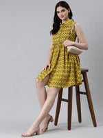 Women Mustard Geometrical A-Line Dress-RE-166-Mustard