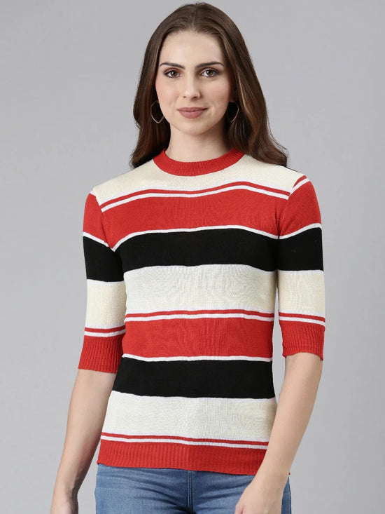 Round Neck Striped Cuffed Sleeves Regular Multi Top-AN-6-Multi