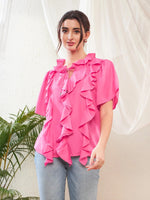 Women Pink Short Sleeves Ruffle Top