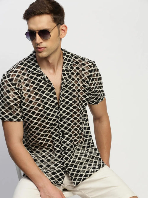 Men Cream Geometrical Shirt-JOUSKA-1726-Cream