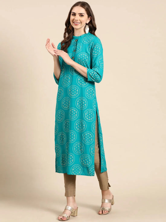 Women's Turquoise Blue Printed Straight Kurta-GW-3917-Turquoiseblue