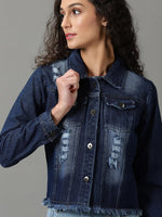 Women's Navy Blue Solid Denim Jacket-AE-9506-Navyblue