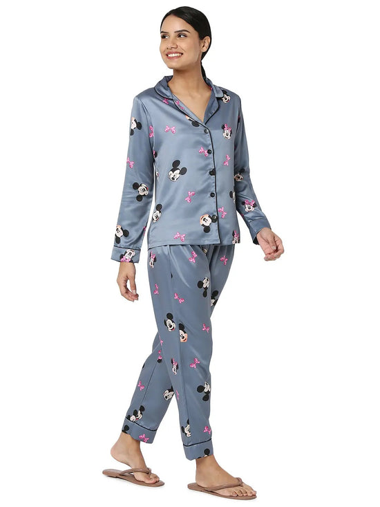 Smarty Pants Women's Silk Satin Grey Color Minnie Mouse Print Full Sleeves Night Suit