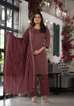 Plum Geometric Printed Cotton Kurta, Pant  With Tassels On Dupatta-J4757PLUM