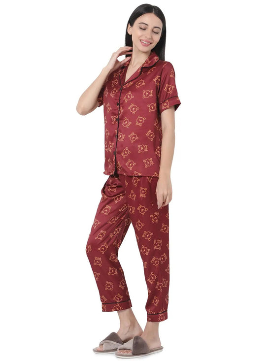 Smarty Pants Women's Silk Satin Maroon Color Pooh Print Night Suit