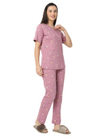 Smarty Pants Women's Cotton Lycra Rose Pink Color Floral Print Night Suit