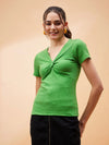 Women Green Rib Twisted Neck Top