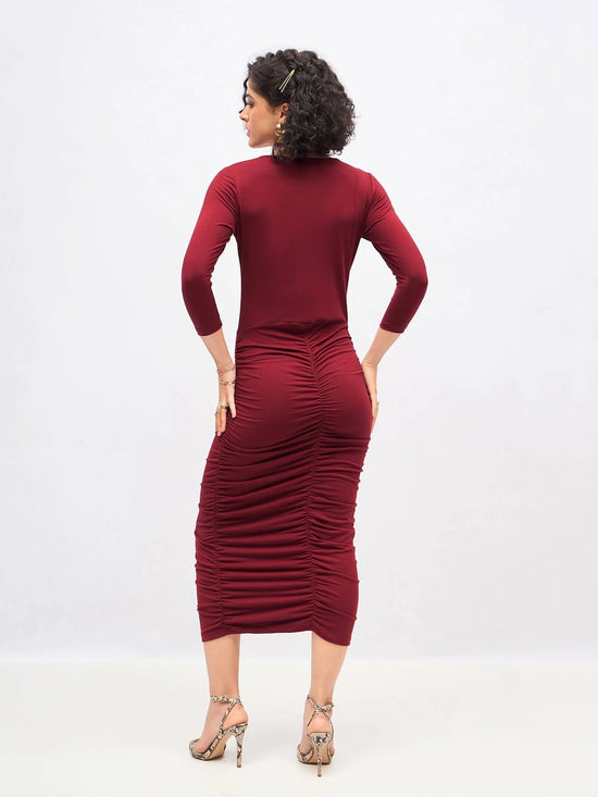 Women Maroon Ruched Bodycon Midi Dress