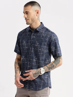 Men Spread Collar Abstract Navy Blue Casual Shirt-NAHAR-2182-Navyblue