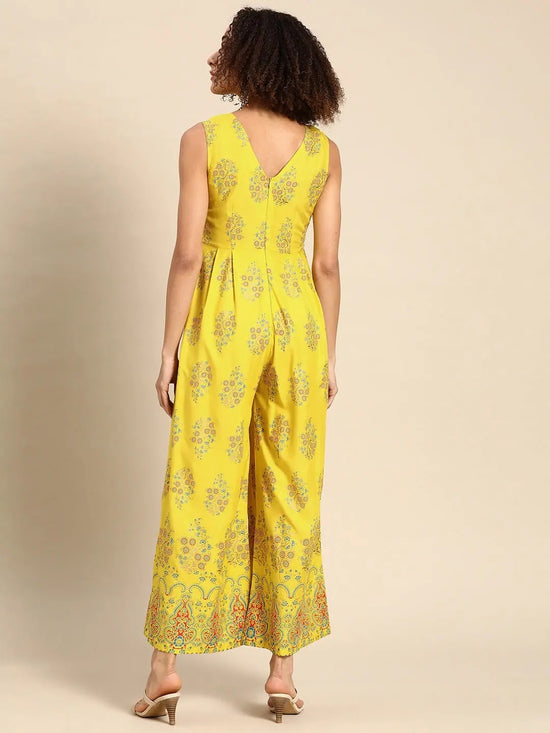 V neck pleated jumpsuit in Yellow Print