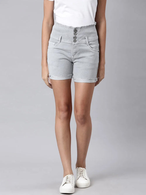 Women Grey Solid Denim Shorts-LT-S-102241-Grey