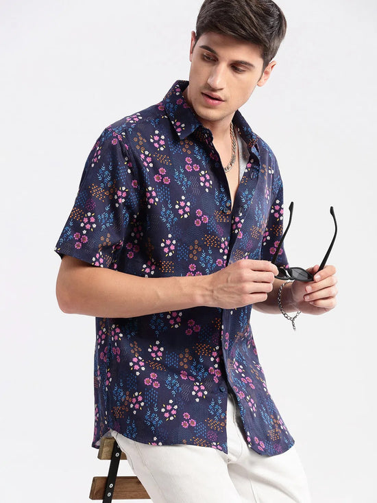 Men Spread Collar Floral Navy Blue Casual Shirt-REVERIE-2112-Navyblue