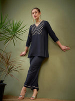 Women Black Embroidered A Line Top With Palazzos