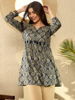 Ahika Women Navy Blue Cotton Blend Ajrakh Printed Peplum Tunic-VT1280