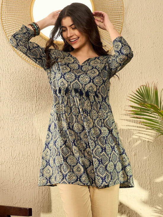 Ahika Women Navy Blue Cotton Blend Ajrakh Printed Peplum Tunic-VT1280