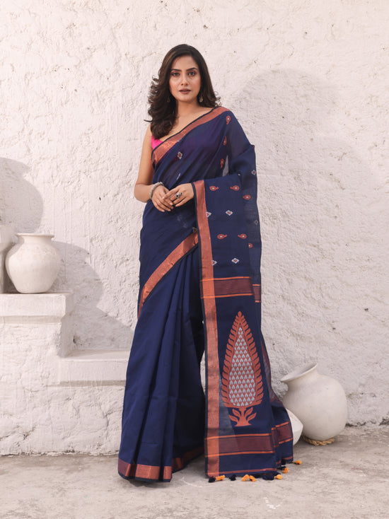 Navy Blue Cotton Saree With Woven Designs And Zari Border-MA54BCT041380040