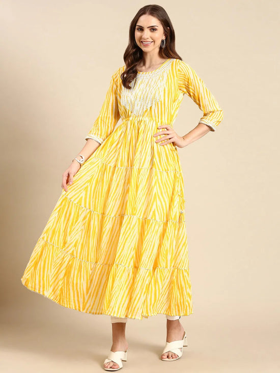 Women's Yellow Tie Dye Anarkali Kurta-AT-A679-Yellow