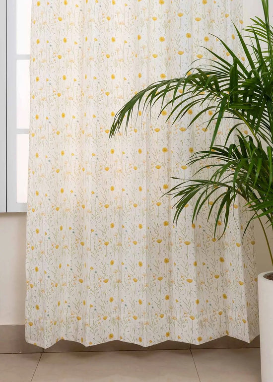 Drifting Dandelion 100% cotton floral curtain for kids room, living room - Room darkening - Yellow - Pack of 1-230421022