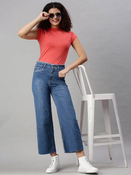 Women's Denim Wide Leg Blue Jeans-TRP4142B-Blue