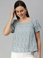 Women's White Printed Tops-ON-01-Whiteblue