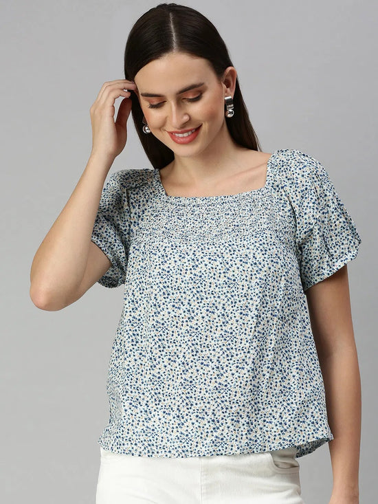 Women's White Printed Tops-ON-01-Whiteblue