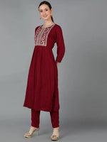 Ahika Women Maroon Silk Blend Yoke Design Kurta Set