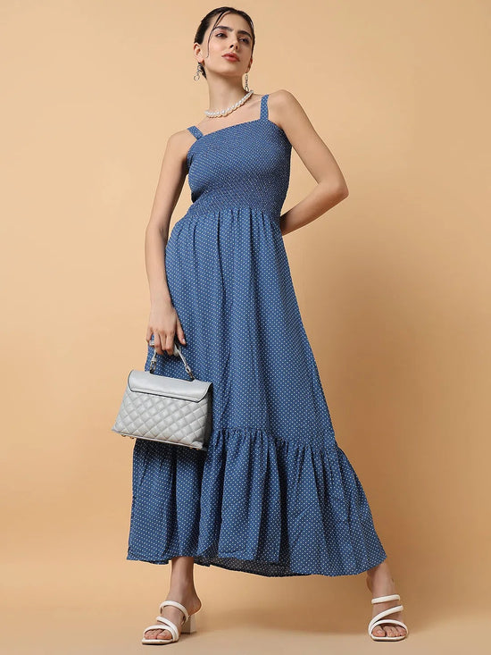 Women's Blue Polka Dots Fit and Flare Dress-AE-15673-Blue