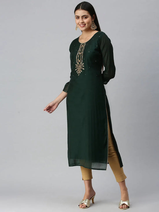 Women's Green Floral Khatwa Straight Kurta-GC-1005-Green