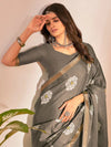 Saree Mall Women's Cotton Slub Grey Printed Designer Saree With Blouse Piece-NAVYA117