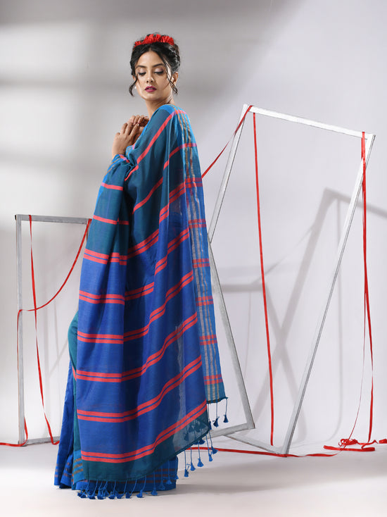 Teal Blue Cotton Patli-Pallu Saree With Stripe Designs-MA55CT06520031