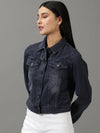 Women's Navy Blue Solid Denim Jacket-IM-10440-Navyblue