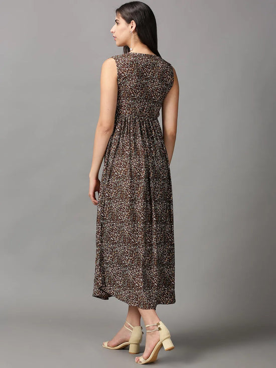 Women's Brown Floral Fit and Flare Dress-AE-15748-Brown