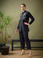 Women Black Rayon Yoke Embroidered Shirt With Palazzos