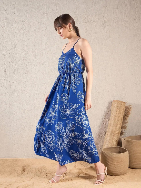 Women Royal Blue Floral Strappy Maxi Dress