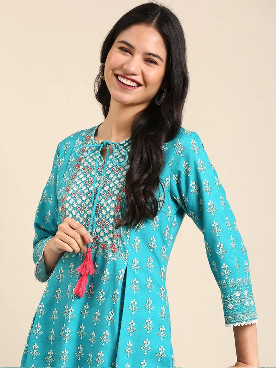 Women's Blue Printed Kurta Set-BCSK-1524-Turquoiseblue