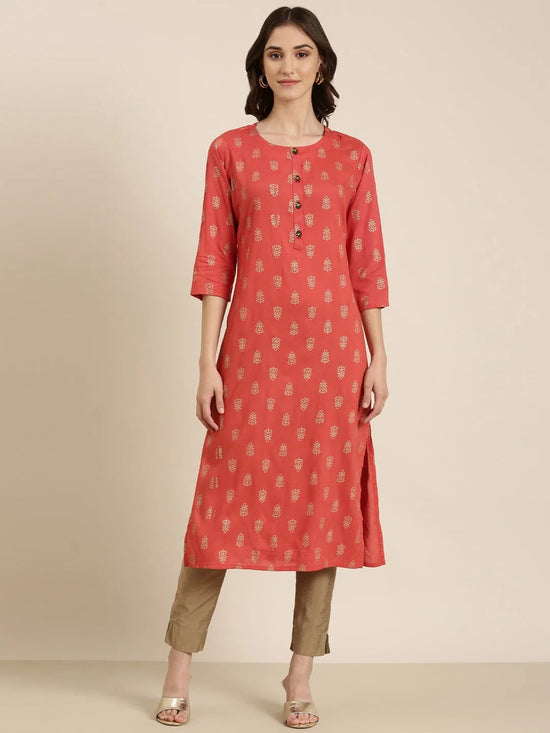 Women Coral Floral Straight Kurta-GW-3877-Coral