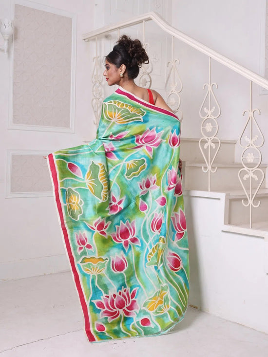 Sea Green Lotus Hand Painted Pure Silk Handwoven Soft Saree-MA64SL3000061