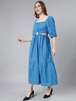 Women Blue Solid Fit and Flare Dress-ON-747-Blue