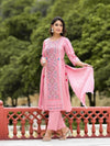 Peach Floral Printed Liva Rayon Kurta Pant & Dupatta Set With Doris At Waist & Thread Work & Tassels-J4666PEACH