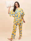 Kurta Pyjama with Kaftan Overlay Set in Yellow Lemon Print