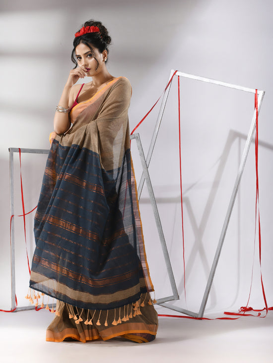 Ecru Cotton Saree With Stripes Zari Pallu-MA55CT06520097