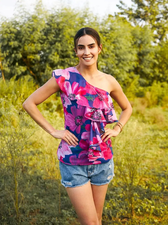 One shoulder Frill Top in Blue and Pink Print