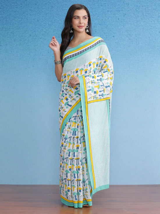 Saree Mall Women's Cotton White Printed Designer Saree With Blouse Piece-MINAXI4303