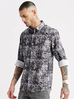 Men Spread Collar Geometric Grey Casual Shirt-PELSIC-2253-Grey