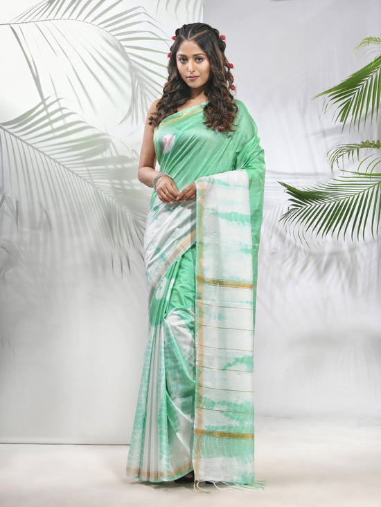 Tea Green And White Shibori Printed Silk Saree-MA56BSL34610004