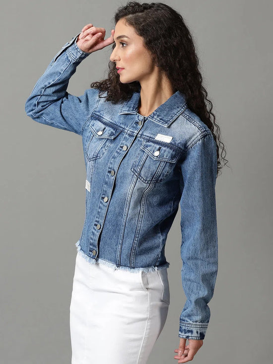 Women's Blue Solid Denim Jacket-LT-JKT-10460-Blue