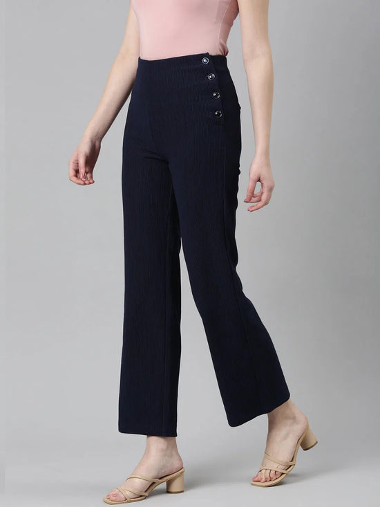 Women Navy Blue Solid Parallel Trouser-LT-KN-249-Navyblue